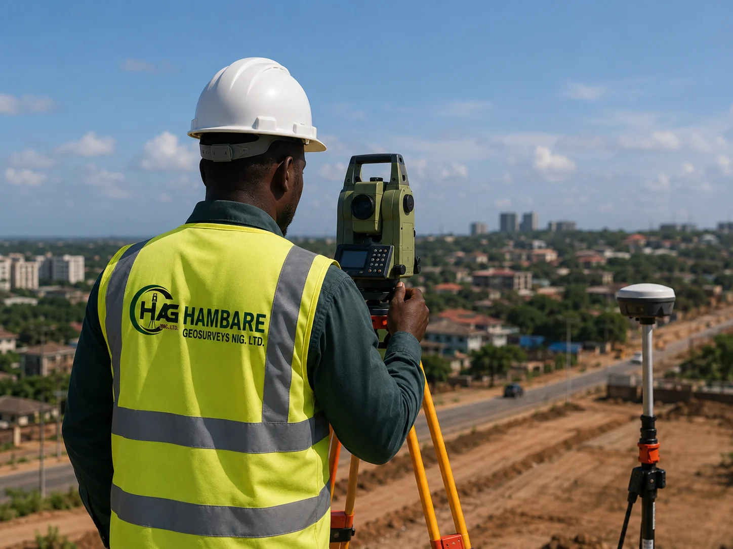 Black Nigerian surveyor viewed from behind in a Hambare Geosurveys reflective vest operating a total station